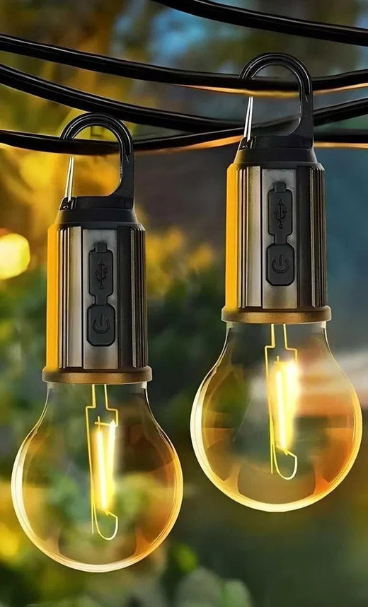 GlowNest decorative hanging camping lamp lit at night