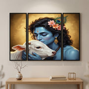 Krishna & Cow 3-Panel MDF Wall Art Frame (16.5x12in) - TejaHome
