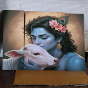 Krishna & Cow 3-Panel MDF Wall Art Frame (16.5x12in) - TejaHome