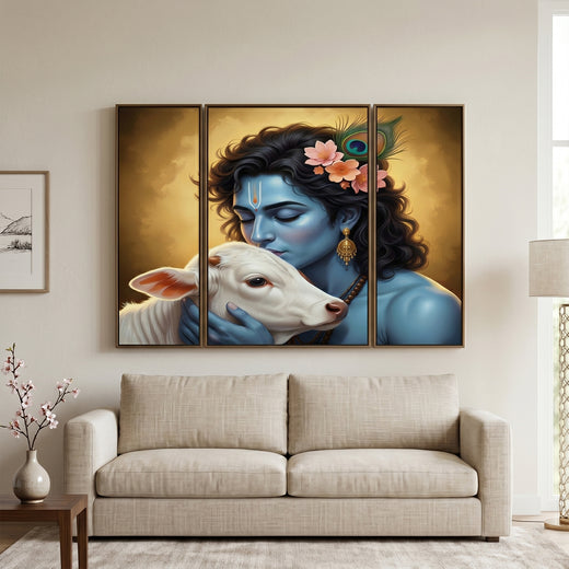 Krishna & Cow 3-Panel MDF Wall Art Frame (16.5x12in) - TejaHome