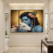 Krishna & Cow 3-Panel MDF Wall Art Frame (16.5x12in) - TejaHome