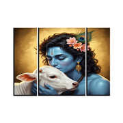 Krishna & Cow 3-Panel MDF Wall Art Frame (16.5x12in) - TejaHome