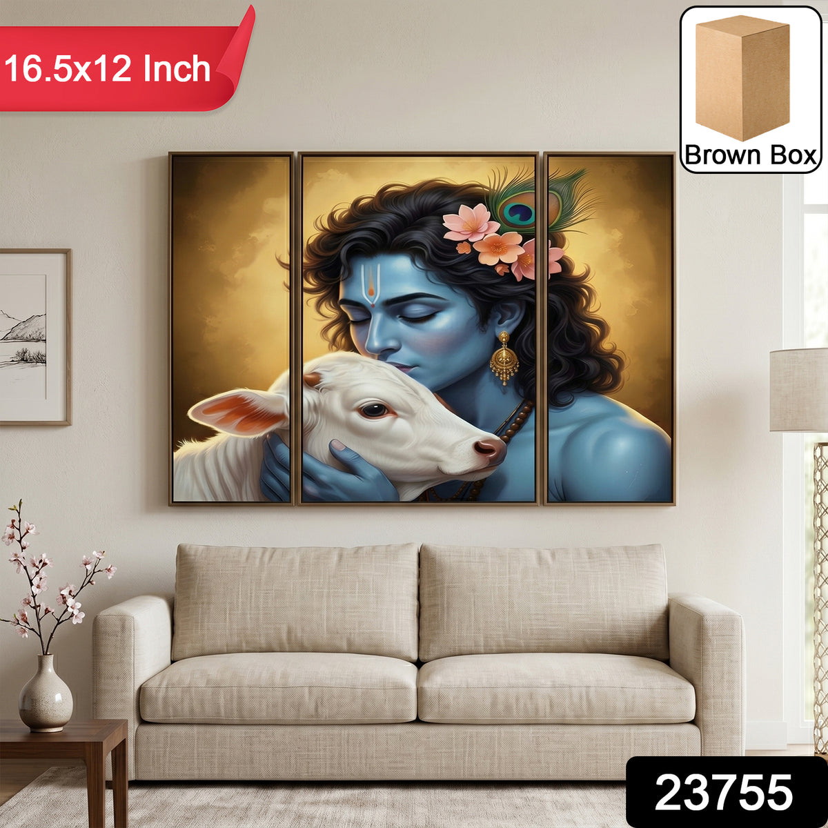 Krishna & Cow 3-Panel MDF Wall Art Frame (16.5x12in)
