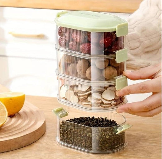 ClearStack spice organizer with lids open showing compartments